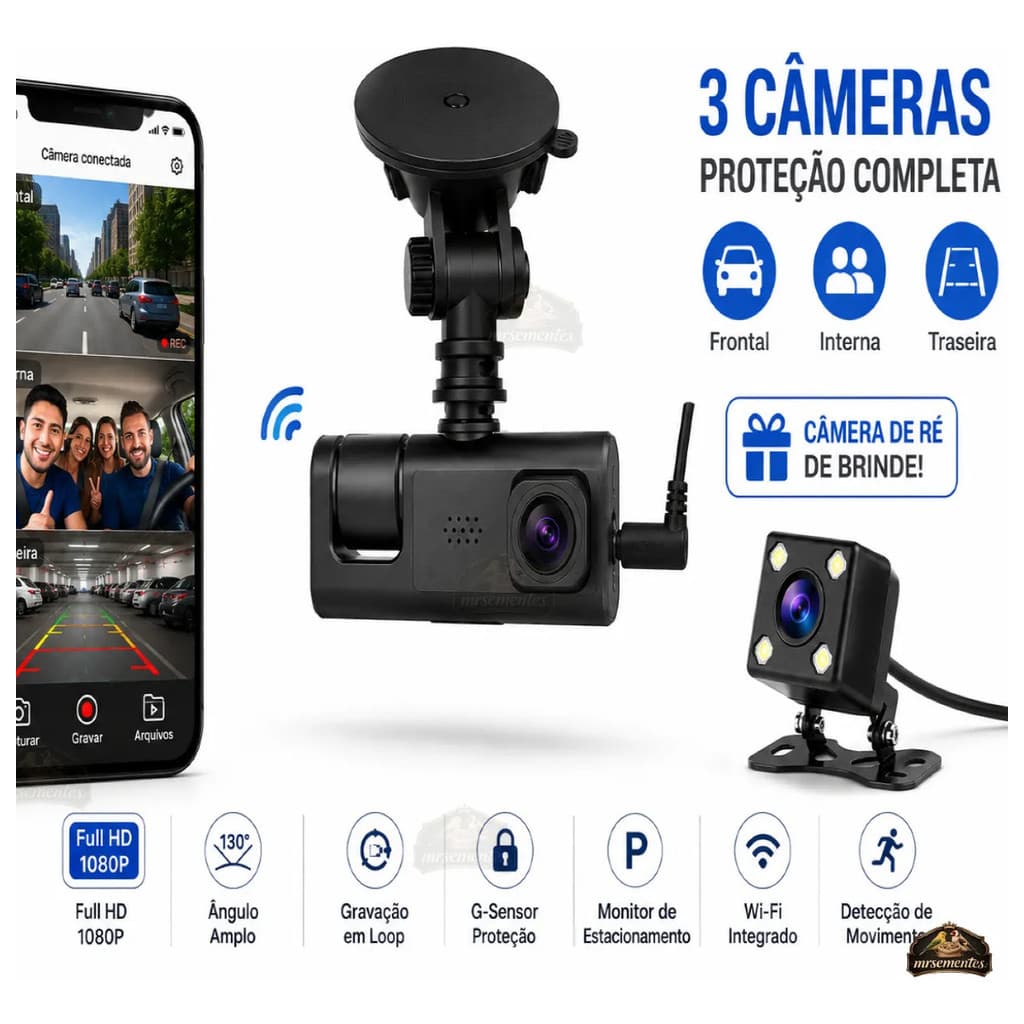 Câmera Veicular 3 Canais Wi-fi Full Hd 1080p + Câmera De Ré