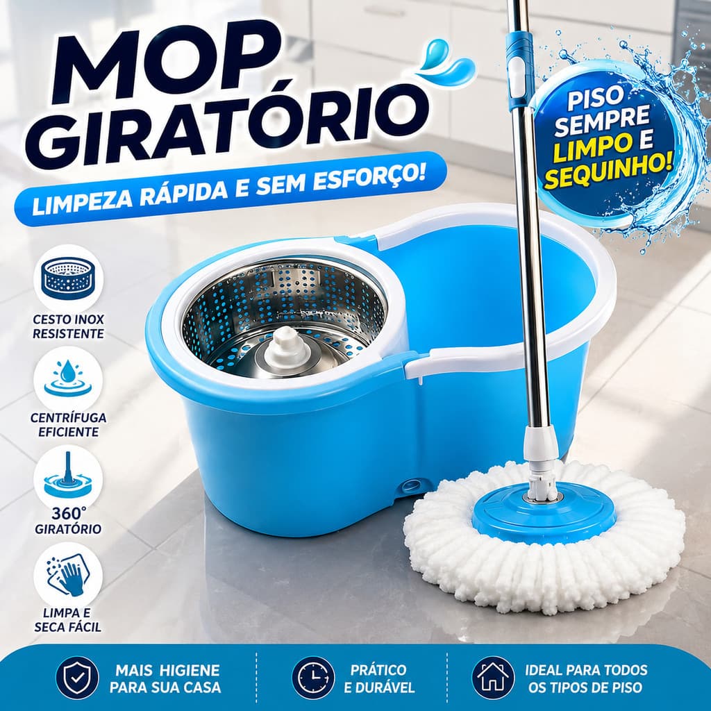 Mop desaguador automático giratório 360° Cabo aço Inox Cesto com balde