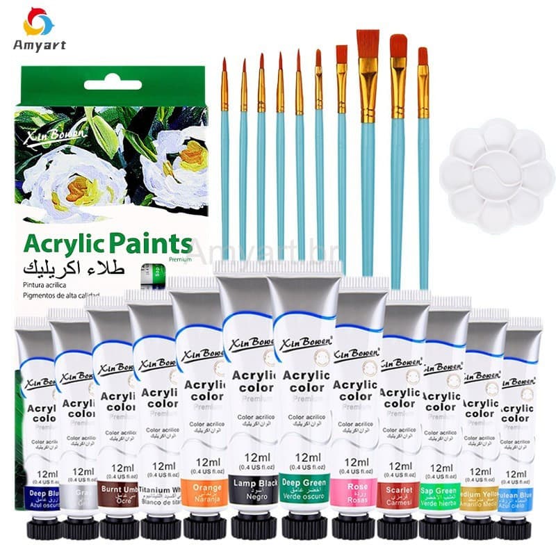 Kit Tinta Acrílica 12 Cores 9/12ml Tubo À Prova D'água Kit Pintura Infantil Iniciantes Diy Material De Arte