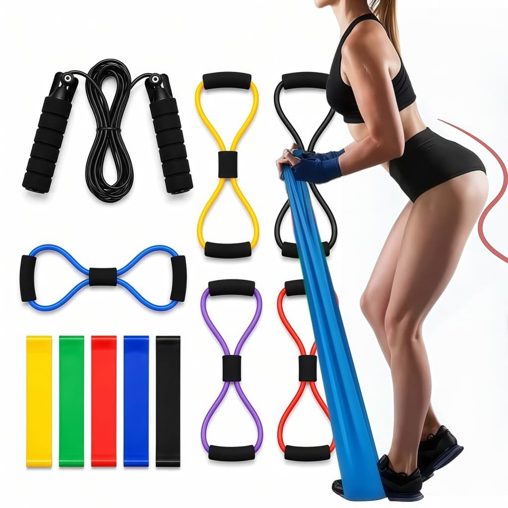 Kit Treino em Casa Completo com Extensor Cross Tube, 5 Faixas Elásticas e Corda de Pular, Tudo Incluído.