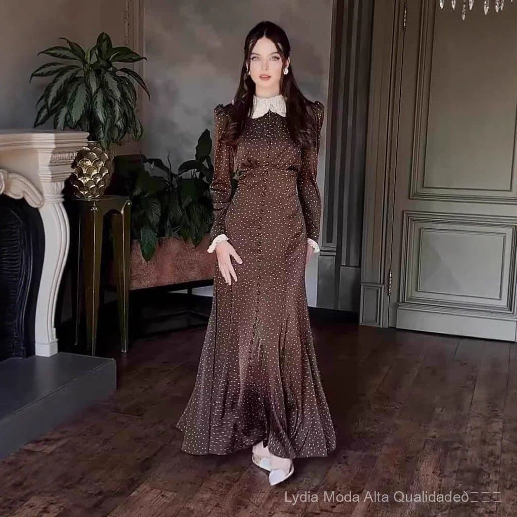 [Liquidação Total] Vestido longo feminino elegante e de alta qualidade 26, com gola dobrada, mangas compridas estampadas