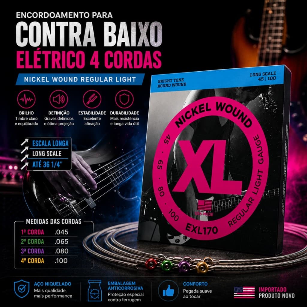Encordoamento Contra Baixo Elétrico 4 Cordas 045/100 Profissional