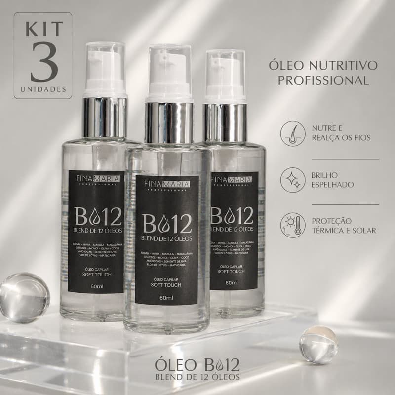 KIT 3 ÓLEOS NUTRITIVOS COM 12 ÓLEOS + FILTRO SOLAR E TÉRMICO | FINA MARIA