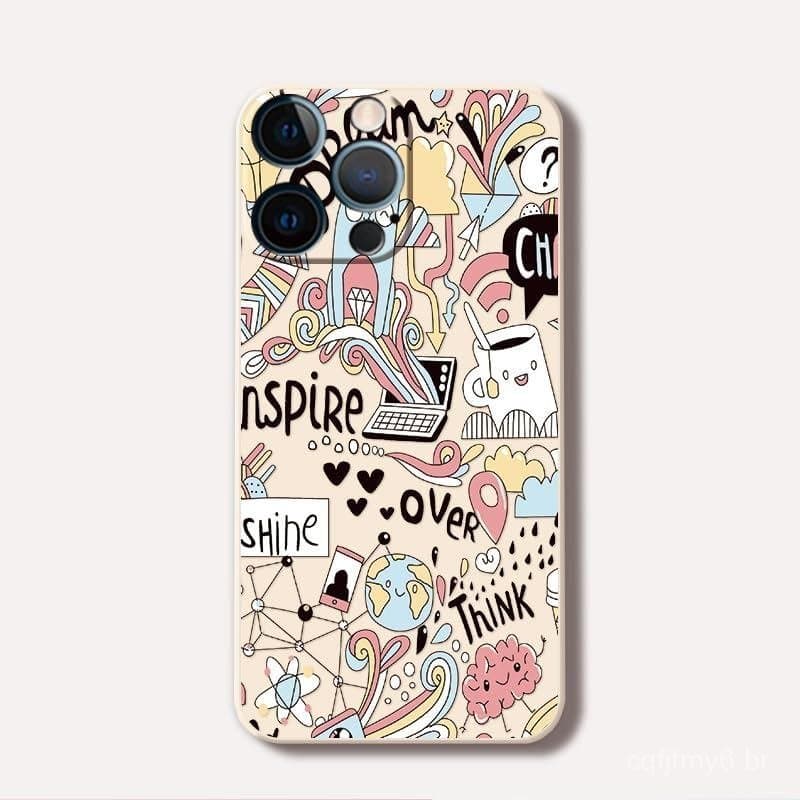 Capa de Telefone com Arte Doodle Inspiradora e Acabamento Fosco Suave para Phone16promax/15plus/1/13/12, Várias Cores Di