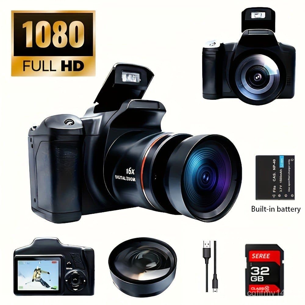 Câmera Digital HD 1080P com Zoom de 16x e Cartão de Memória de 32GB Incluído - Adequada para Fotografia de Iniciantes, G