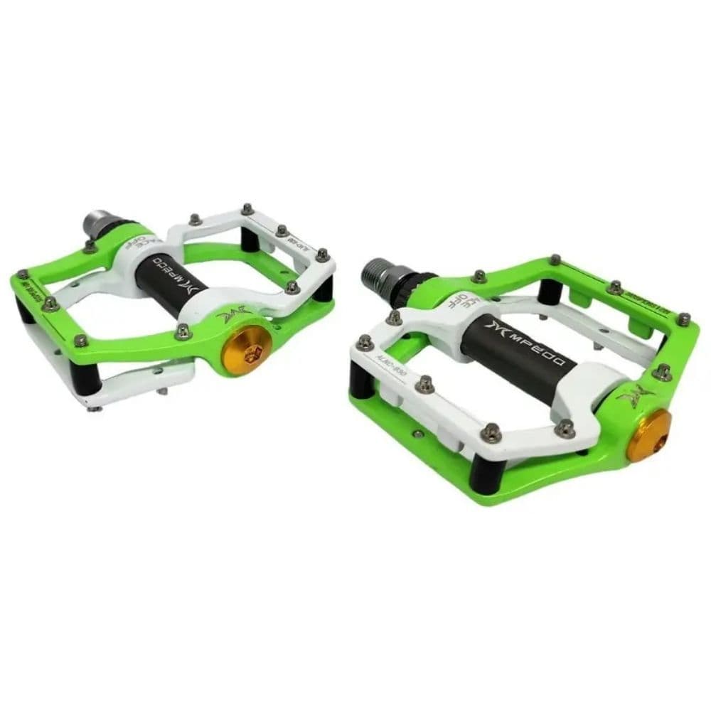 PEDAL MPEDA PLATAFORMA ALUMÍNIO INGLES GROSSO 9/16 VERDE/BRANCO CNC ANODIZADO EIXO CRO-MO
