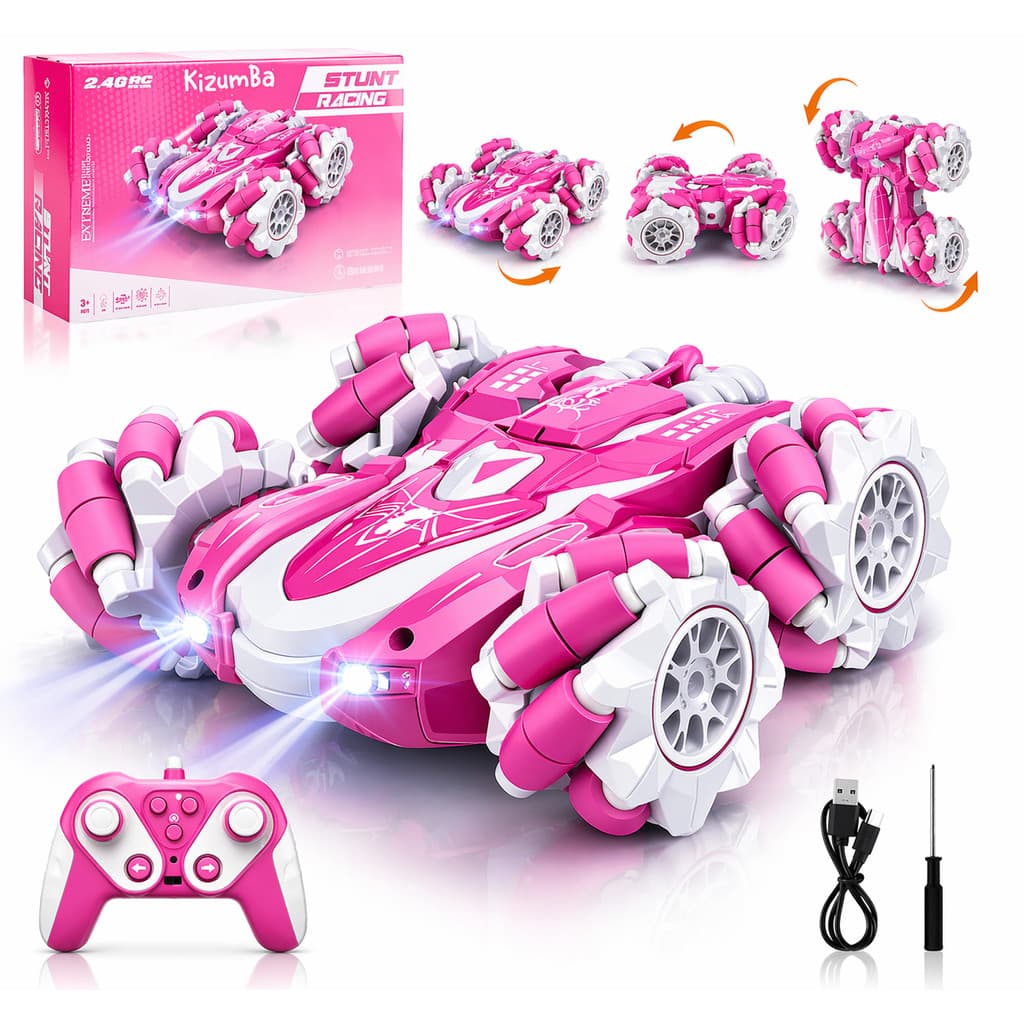 Carrinho De Controle Remoto Homem Aranha Acrobatico 360 Graus Pirueta Off-Road 4x4 Stunt Car 2.4ghz Luz LED Rosa Kizumba