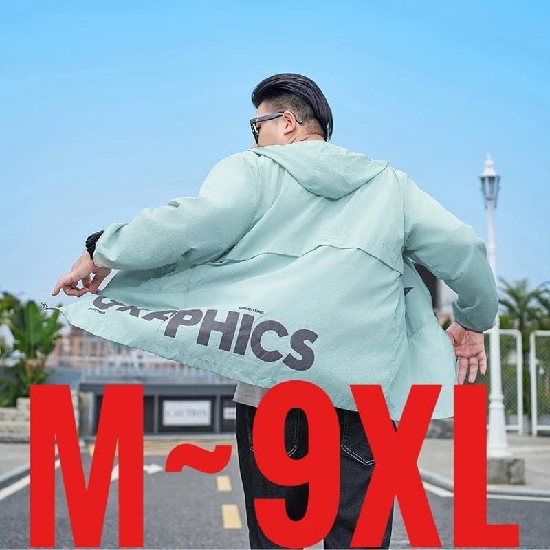 Jaqueta Corta-Vento Masculina Plus Size 9XL, Casual de Verão, Proteção Solar Anti-UV, Com Bolso, Leve e Fina, Com Capuz