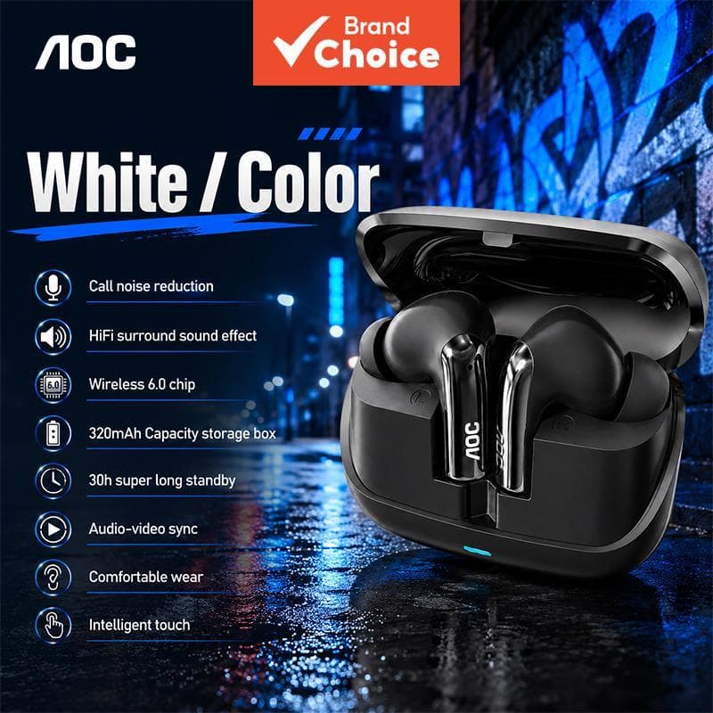 AOC ACT4635 Fone de Ouvido Bluetooth, Fones Sem Fio, Ultra Fones de Ouvido, Baixa Latência para Jogos, Som 3D,