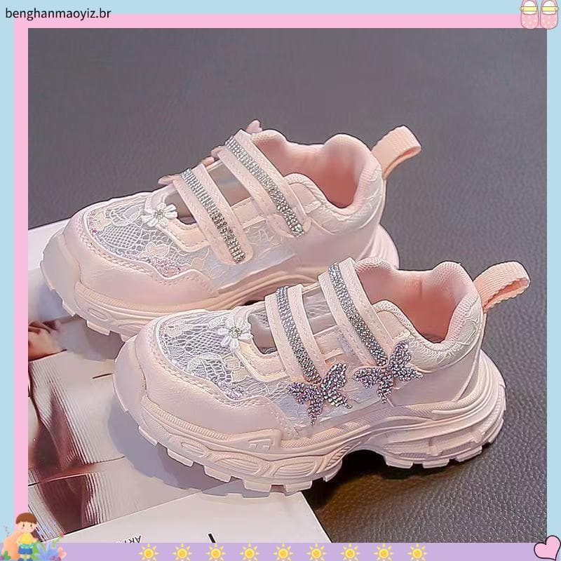Meninas tênis 2026 primavera verão novo estilo meninas diamante brilhante estilo princesa papai sapatos única rede respi