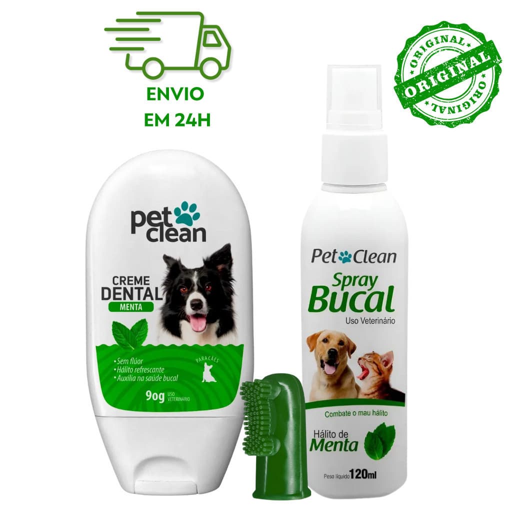 Kit Higiene Bucal Cachorro Gato Pet Clean Menta Creme Dental 90g Spray 120ml Escova Dedeira Previne Tartaro