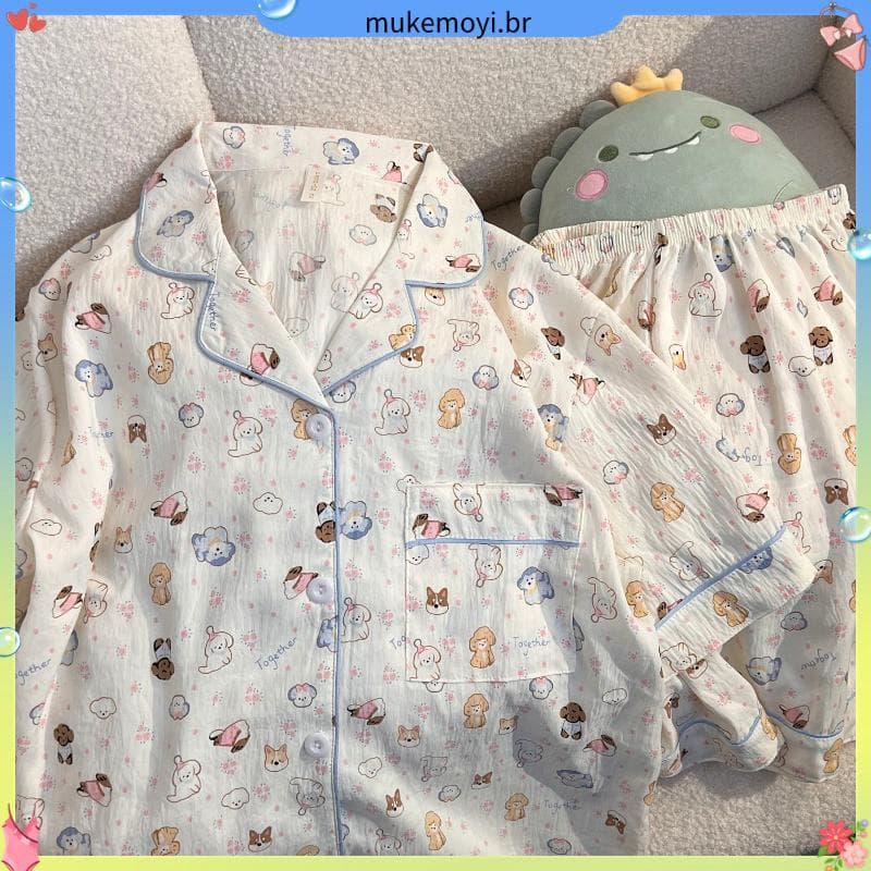 Super bonito filhote de cachorro nuvem algodão gaze pijamas feminino verão Shorts de manga curta estilo doce estudante c