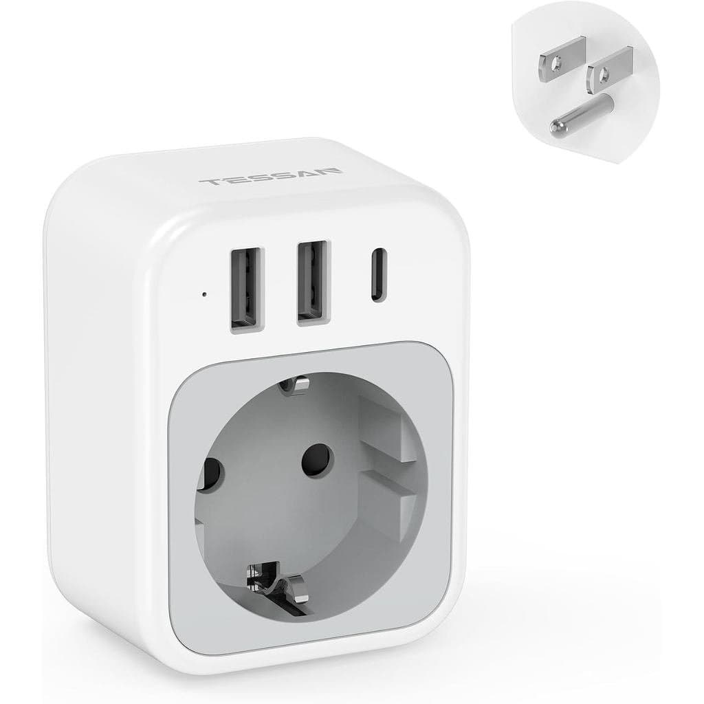 Adaptador de Tomada TESSAN da UE para os EUA, Adaptador de Viagem Europeu com 1 Saída AC e 3 Portas USB (1 USB C), Compa