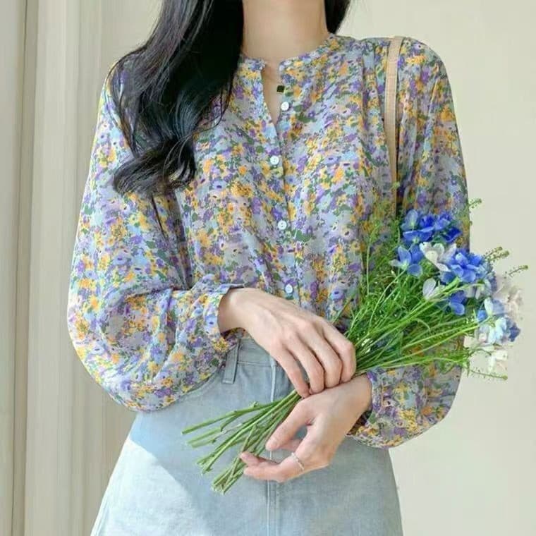 Top Floral de Chiffon feminino camisa ocidental manga comprida