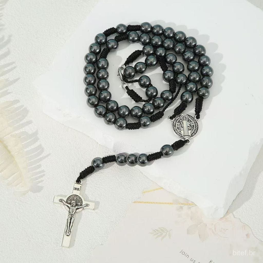 Terço Católico Mariano pulseira de São Miguel Arcanjo contas de hematita 4mm terço para pulso