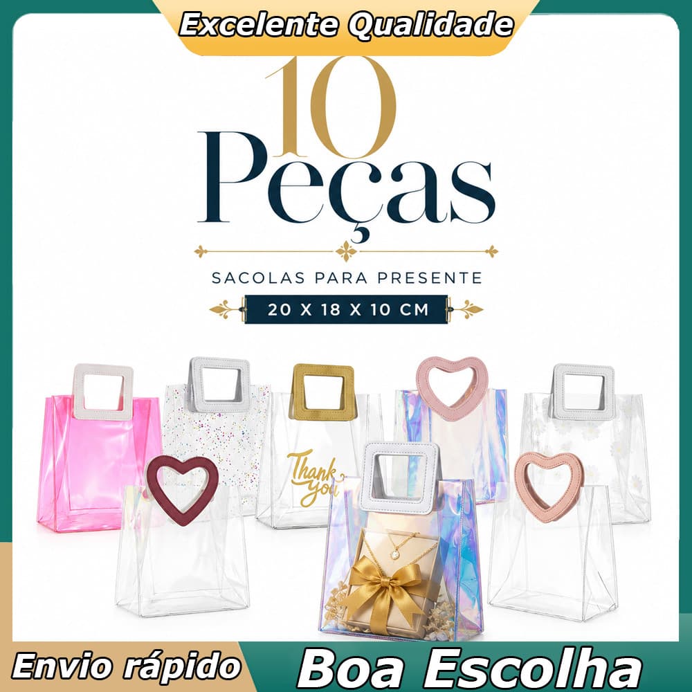 Bolsa de Presente Transparente 10 Peças Prática para Doces, Lembranças, Festa, Varejo e Organização Fácil 20x18x10cm