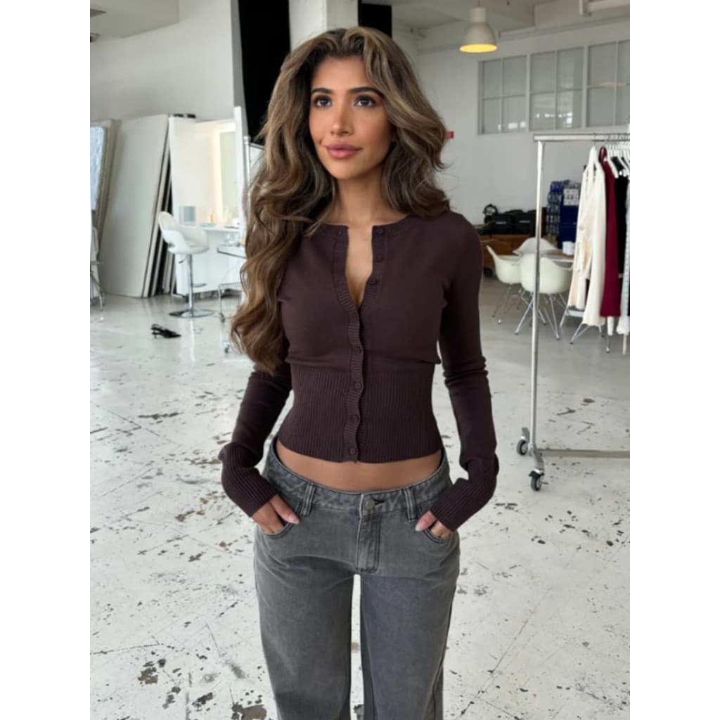 [Novo produto] Cardigan de malha de manga comprida ano Slim Fit camisa de fundo de malha suéter cardigã feminino [