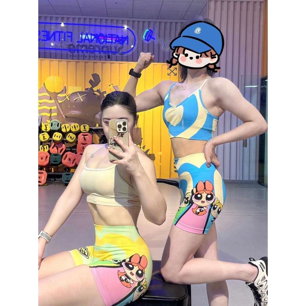 Conjunto Academia das Powerpuff Girls/Leggings de Cintura Alta com Efeito Modelador e Top Antioxidante/Kit de Fitness pa