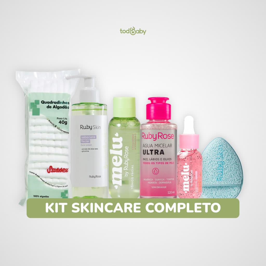 Kit Skincare Completo Ruby Rose® 6 Itens Algodão + Sabonete + Tônico + Agua Micelar + Sérum Detox + Esponja Esfoliante