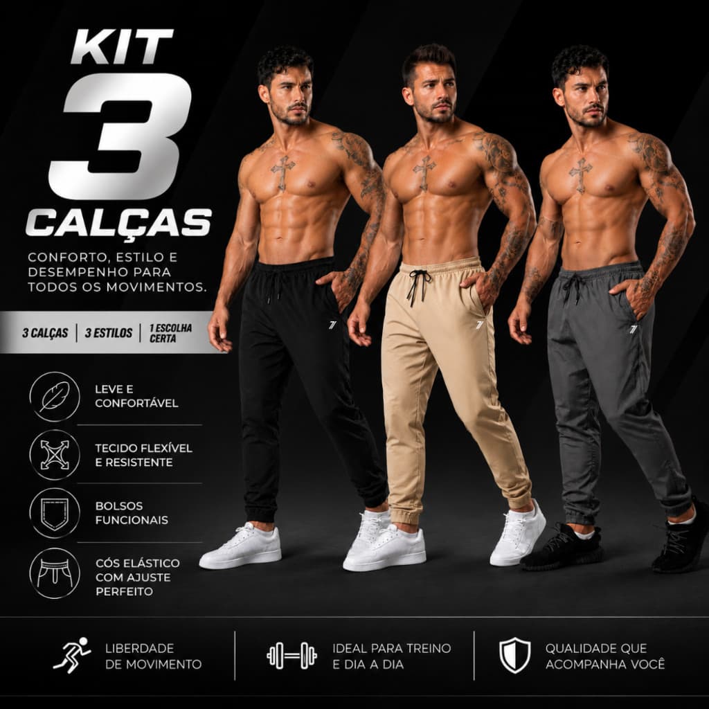 Seven Move Kit 3 Calças Jogger Tactel Masculina Escolar Bolsos Reforçada Uniforme