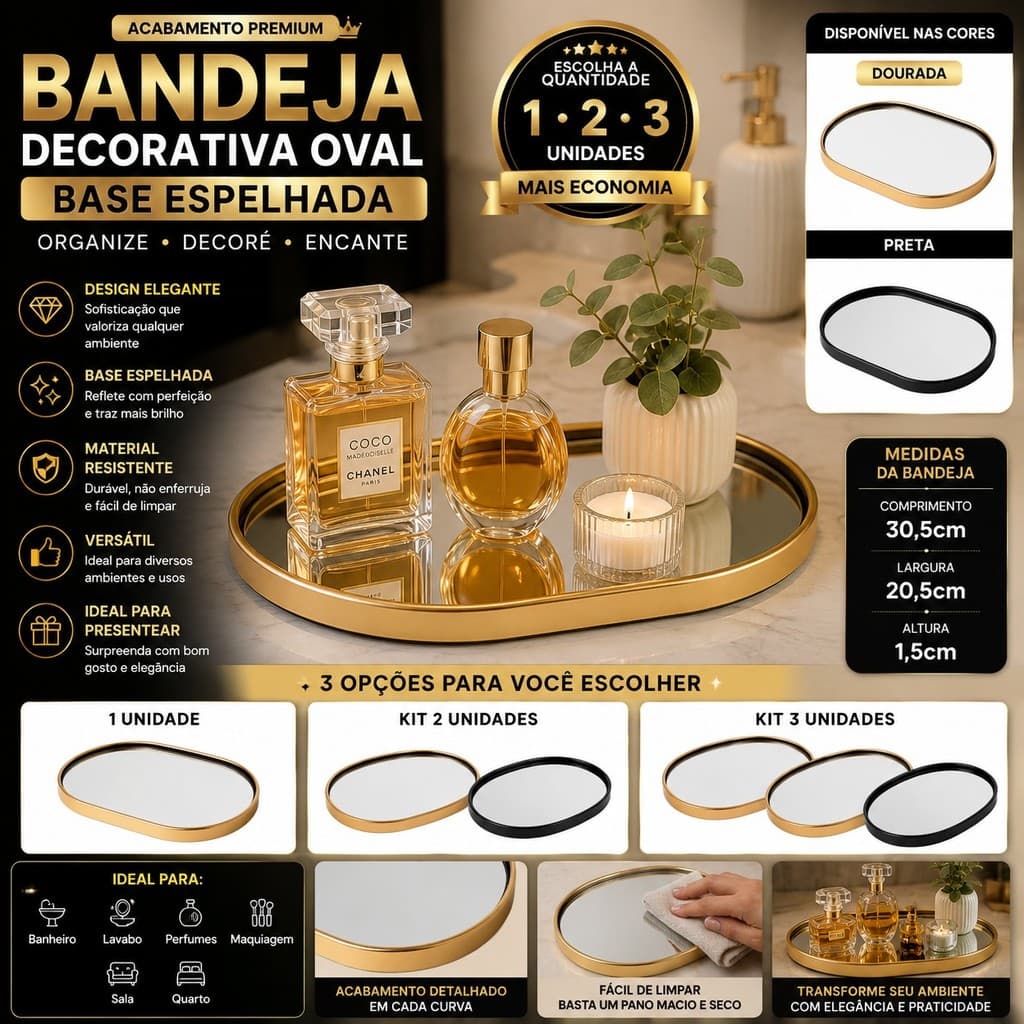 Bandeja Oval Espelhada Premium Organizador para Perfumes Cosméticos Banheiro e Lavabo