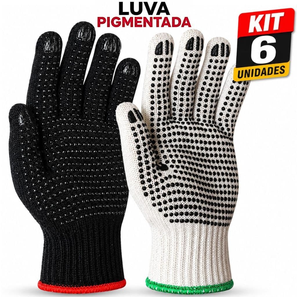 KIT 6 Pares Luva Pigmentada Algodão Antiderrapante EPI Obra Construção Civil Mecânica Jardinagem
