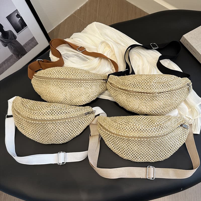 Bolsa de cintura preta de verão, bolsa transversal casual elegante, bolsa de ombro simples, feita de palha trançada 40PE