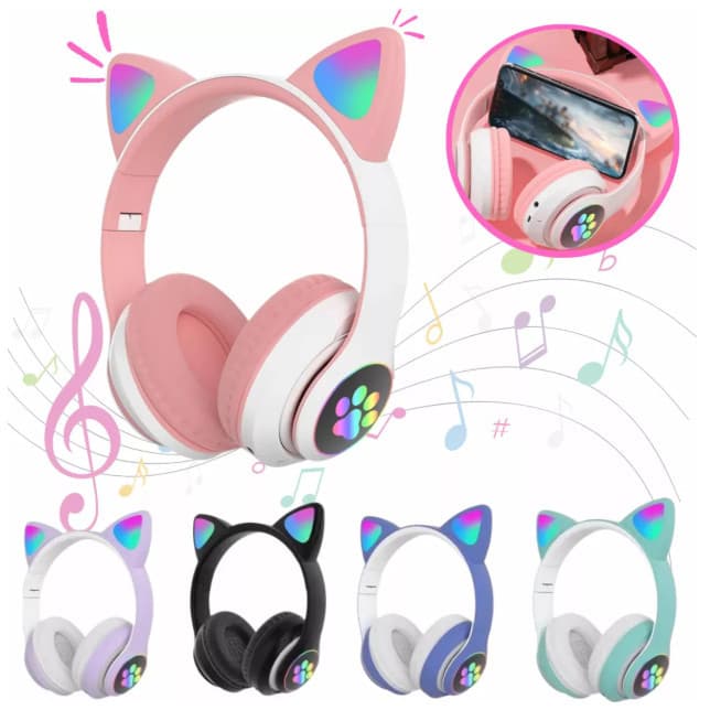 Fone De Ouvido Bluetooth Sem Fio Orelha De Gatinho Infantil Com Led Dobrável Headphone Com Microfone