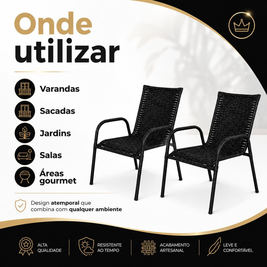 Cadeiras Junco Trançadas Preto Varanda Jardim Sala 2 Un Kit