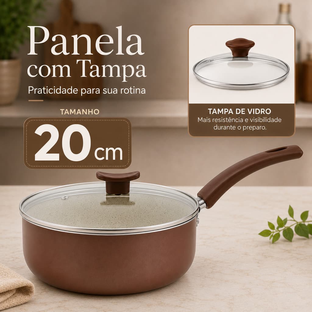Panela Cerâmica Antiaderente 20cm Apollo Marrom com Tampa de Vidro