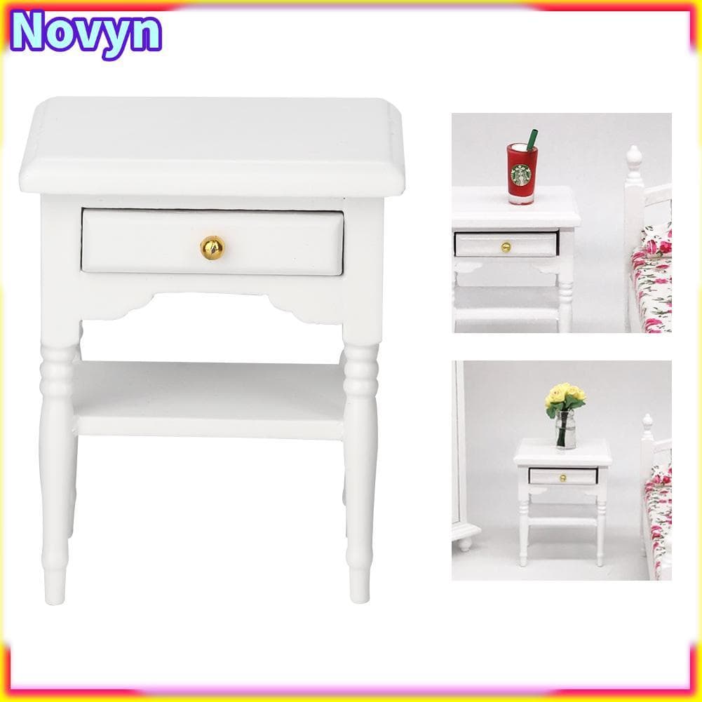 Novyn-br POENVFPO 1/12 Mini Mesa de Cabeceira Casa de Bonecas Artigos de Decoração de Quarto Branco Madeira para