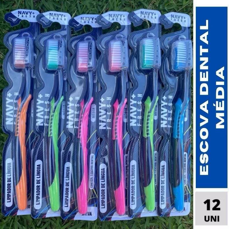 Kit 12 Escovas de Dente Média Adulto com Limpador de Língua Cerdas Macias Cores Sortidas