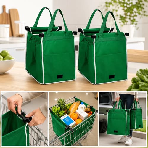 Kit 2 Sacolas Reutilizáveis para Carrinho de Supermercado com Clipes Dobráveis Bolsos Laterais e Alças Reforçadas