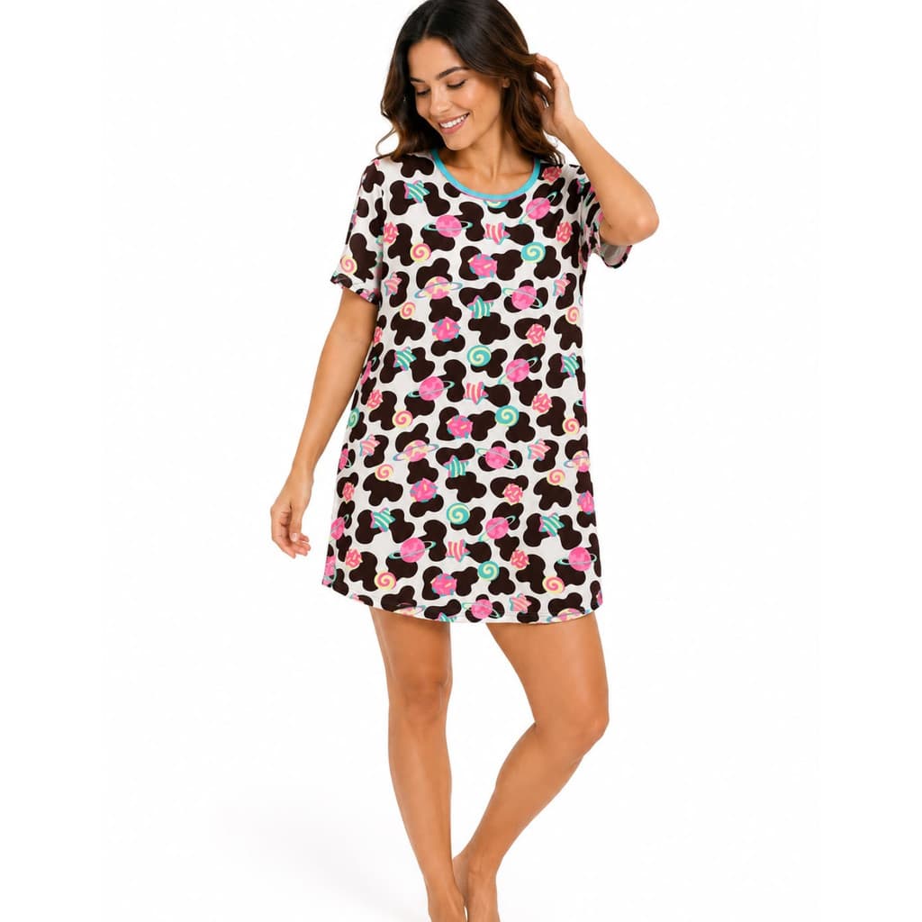 Camisola Feminina Vaca Manga Curta em Algodão Meia Malha Confortável Estampa Exclusiva Puket
