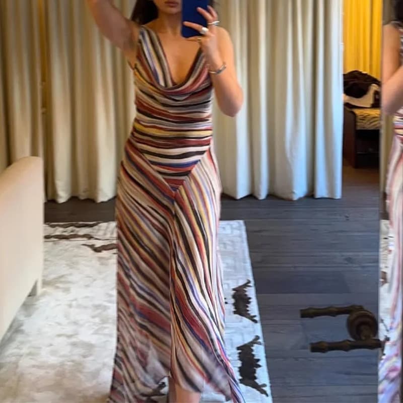 [Novo produto] Moda feminina elegante gola recortada vestido listrado colorido sem mangas [venda quente]