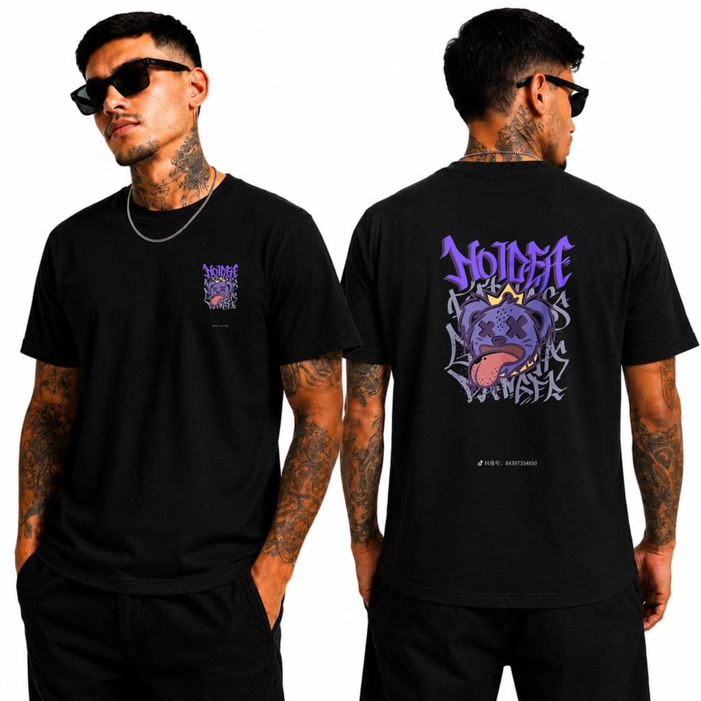 Camiseta Masculina Streetwear Estampa Urso Graffiti Roxo 100% Algodão Premium