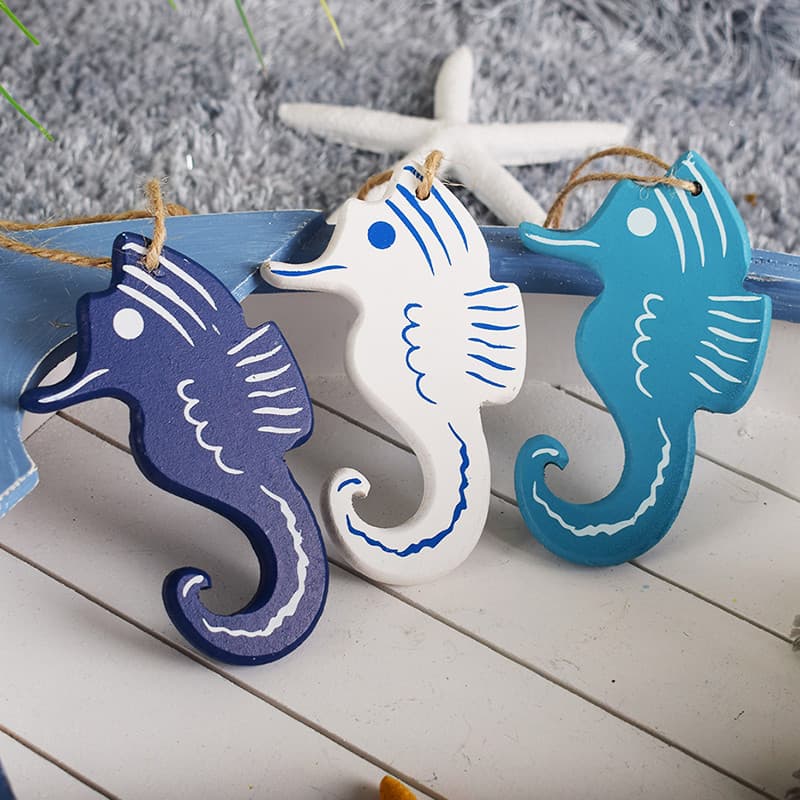 Madeira dupla face cavalo marinho pequeno pingente decorações estilo oceano Animal parede pendurado jardim de infância q