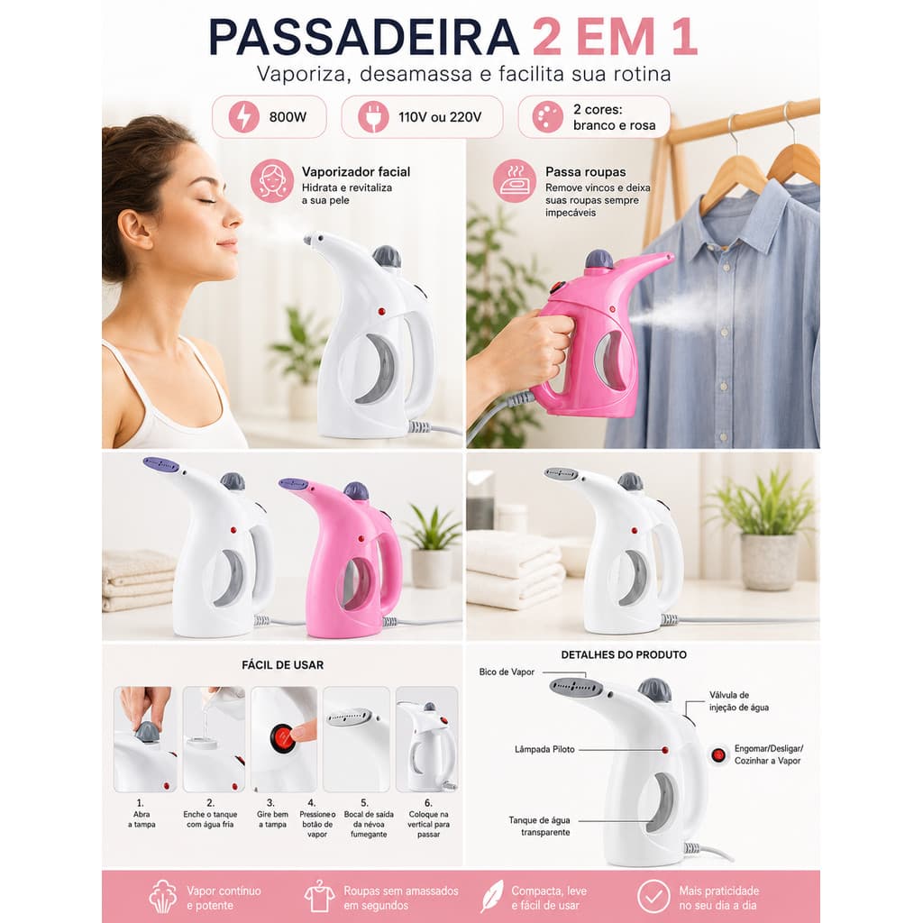 Passadeira 2 em 1 110V ou 220V Ferro A Vapor De Roupas Tira Amasso Steamer Portátil 800w