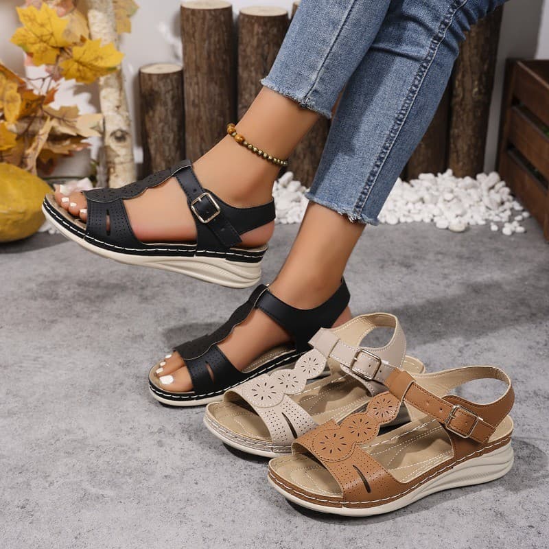 Plus Size Verão Sandálias Femininas Casual Retro Plataforma Sapatos Confortáveis Oco Para Fora Cunha Flores Zapatos De M