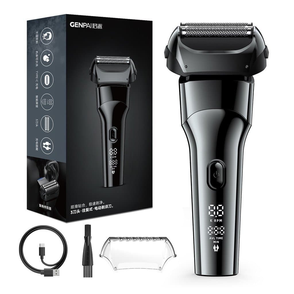 Barbeador elétrico masculino com lâminas triplas flutuantes e móveis, totalmente lavável, display digital, carregamento