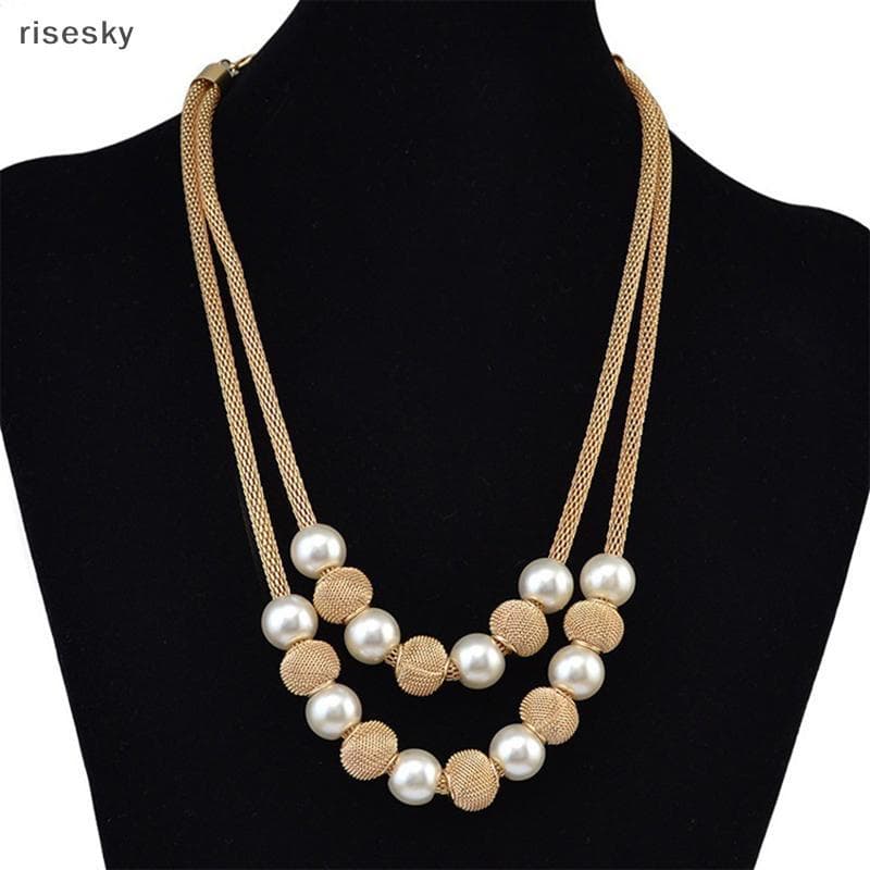 Elegante Feminino Camadas Duplas Malha Corrente Redonda Falso Pérola Bola Encantos Nelace Moda Jóias Presente De Festa
