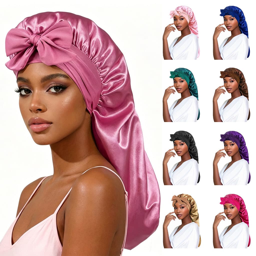 Nova touca de dormir com laço e cauda longa, touca de cabelo de cetim de alta elasticidade para mulheres, touca protetor