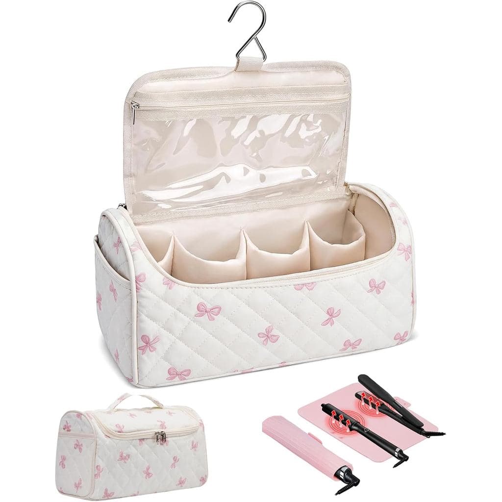 Bolsa de Viagem para Ferramentas de Cabelo com Tapete Térmico e Gancho para Pendurar para Estilização (Laço Rosa) |   Ta
