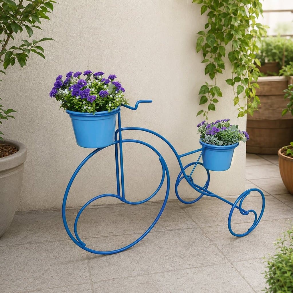 Suporte Plantas Bicicleta 47x30 Azul 2 Vasos Jardim