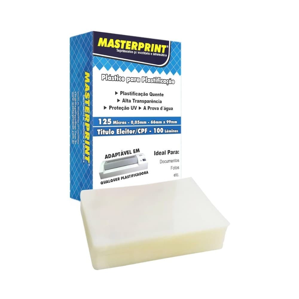 Plástico Plastificação 125 Micras 100 Lâminas 66 x 99mm (Titulo Eleitor / CPF) Masterprint