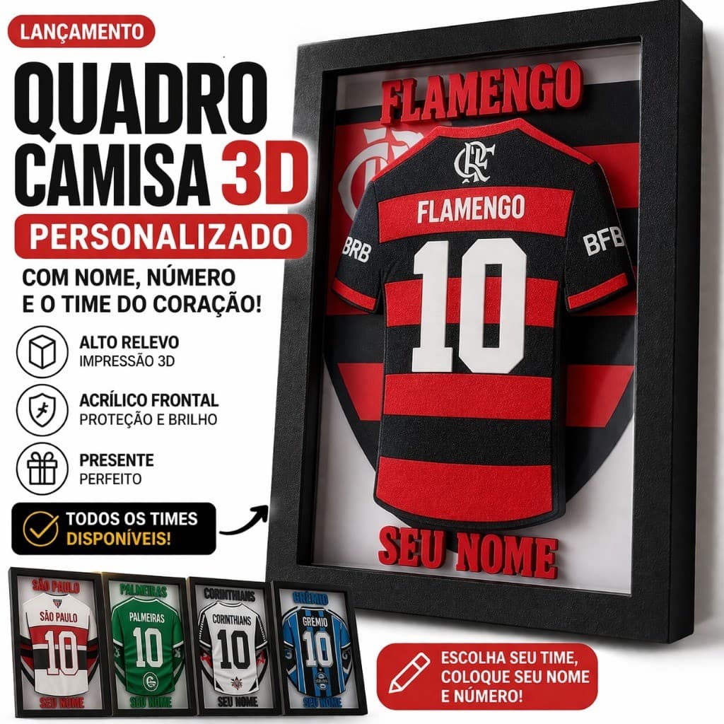 Quadro Camisa Time 3D Personalizado com Nome e Número Porta Retrato Futebol Presente Criativo