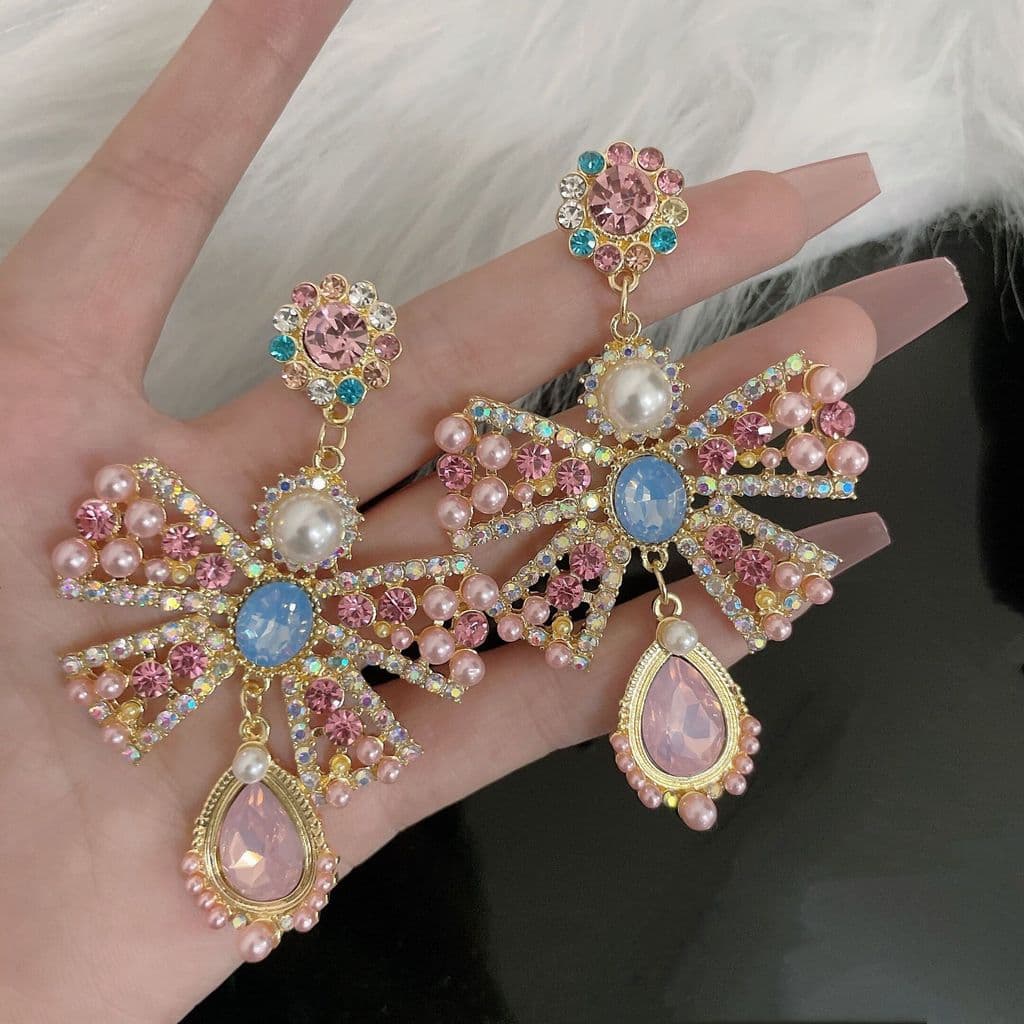 Brincos Longos de Prata 925 com Laço, Strass e Pérolas D13Y