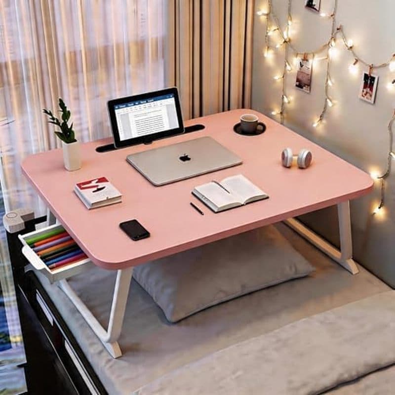 Mesa De Colo Grande Com Gaveta De Armazenamento , Suportes Para Copos E Tablets , Bandeja Pernas Dobráveis , Suporte Cam