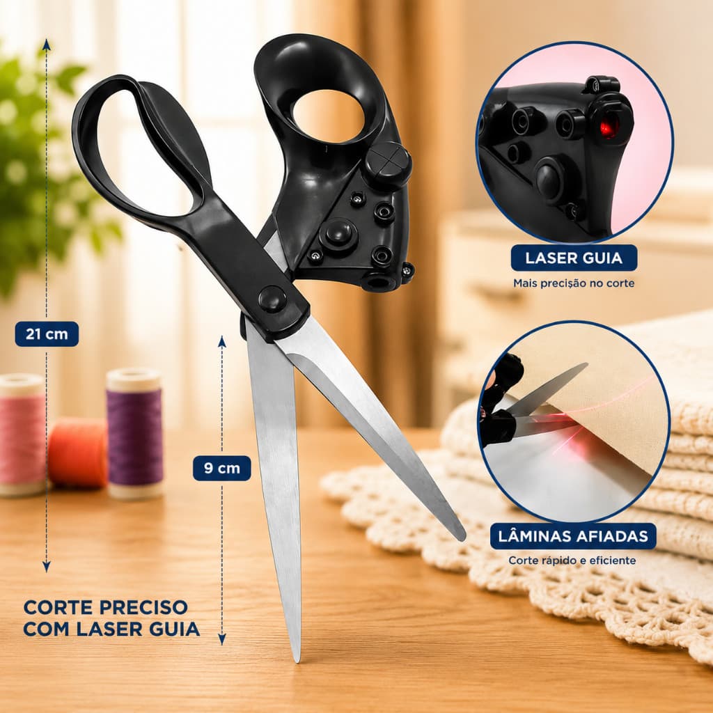 Tesoura de Corte Aço Inox com Mira Laser Todos os Tipos de Cortes Tecidos Papel