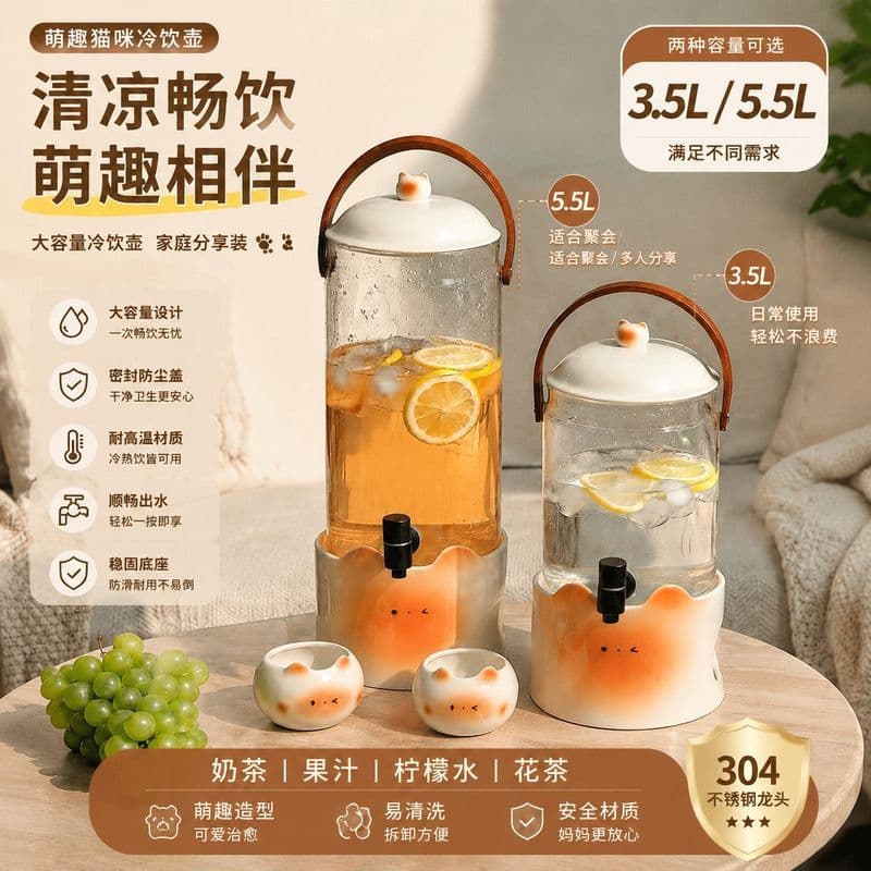 Novo bonito gato siamês garrafa de água fria de vidro com torneira verão grande capacidade garrafa de água fria frutas c